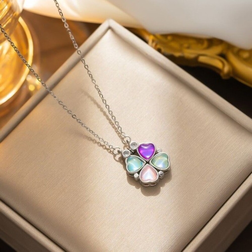 Multicolored Magnetic Four Leaf Clover Pendant Necklace